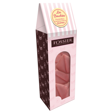 FOSSIER Carré praliné noisette et Biscuit Rose, enrobage chocolat blanc à la framboise FOSSIER Carré praliné noisette et Biscuit Rose, enrobage chocolat blanc à la framboise