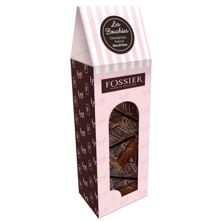 FOSSIER Millefeuille praliné noisette et Biscuit Rose, enrobage chocolat noir FOSSIER Millefeuille praliné noisette et Biscuit Rose, enrobage chocolat noir
