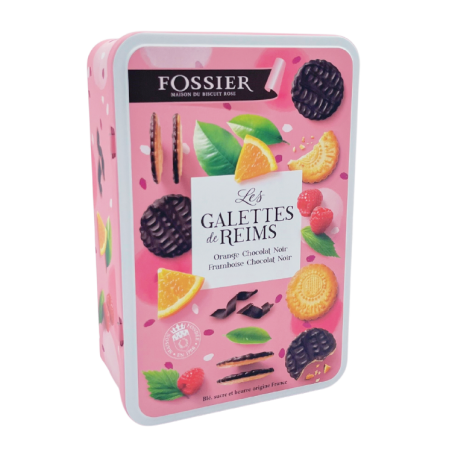 FOSSIER Boîte métal - Assortiment Galettes de Reims nappage chocolat noir FOSSIER Boîte métal - Assortiment Galettes de Reims nappage chocolat noir