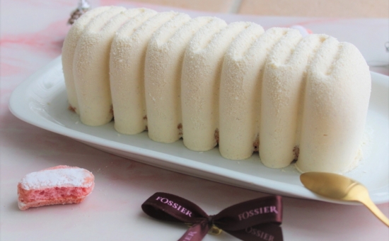 Bûche de Noel coco, insert framboise, Biscuit Rose et son craquant
